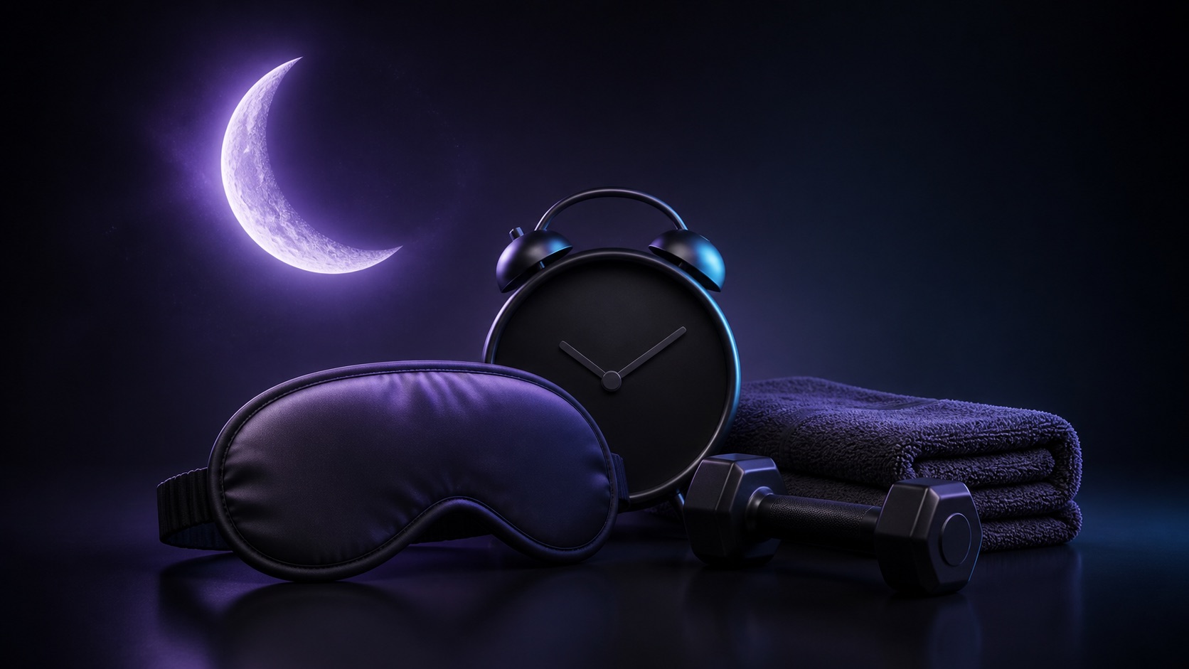 Sleep mask, moon, alarm clock, towel, and dumbbell representing recovery sleep