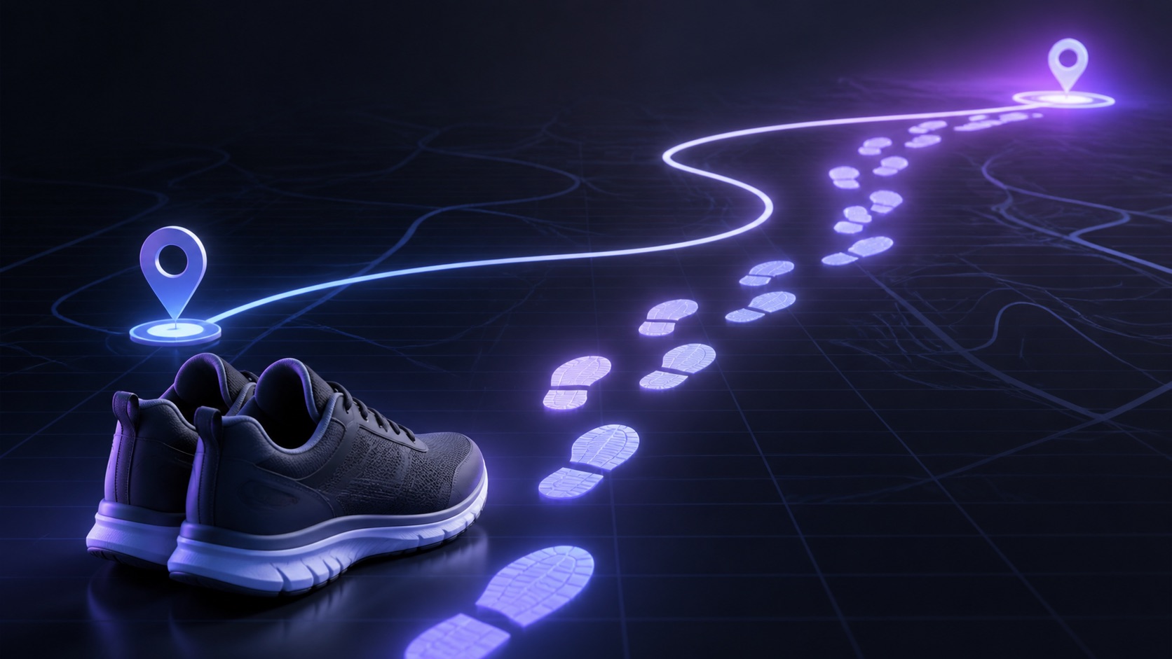 Walking shoes, footprints, and map markers representing step distance