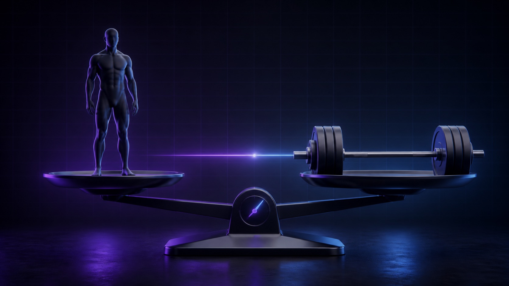 Athlete and barbell balanced on a scale for strength-to-weight ratio