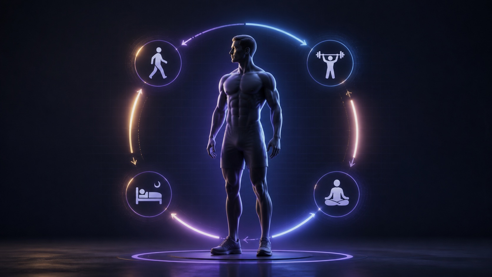 Athletic figure surrounded by movement and rest symbols representing daily energy use