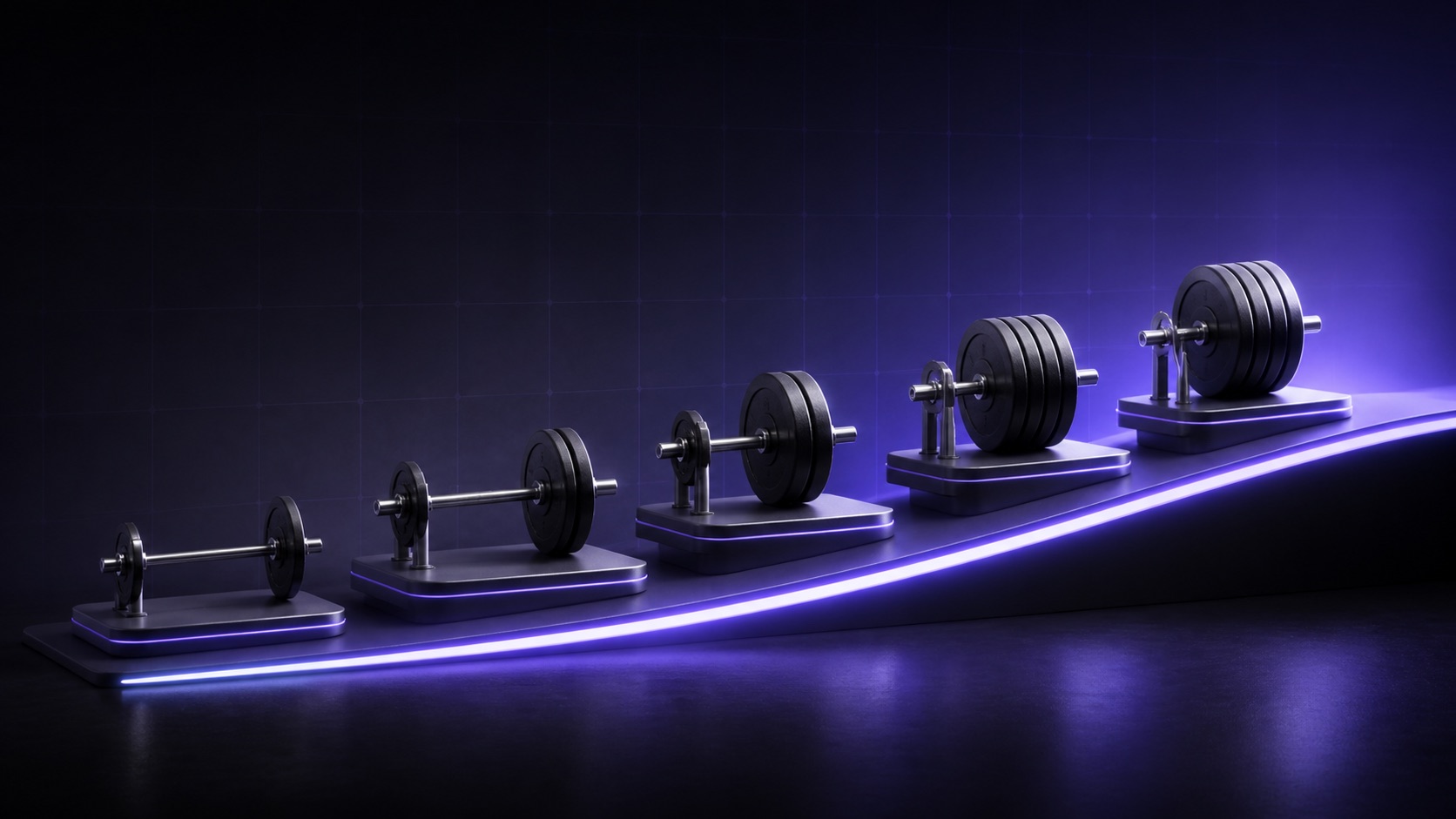 Ascending series of loaded barbells representing progressive warm-up sets