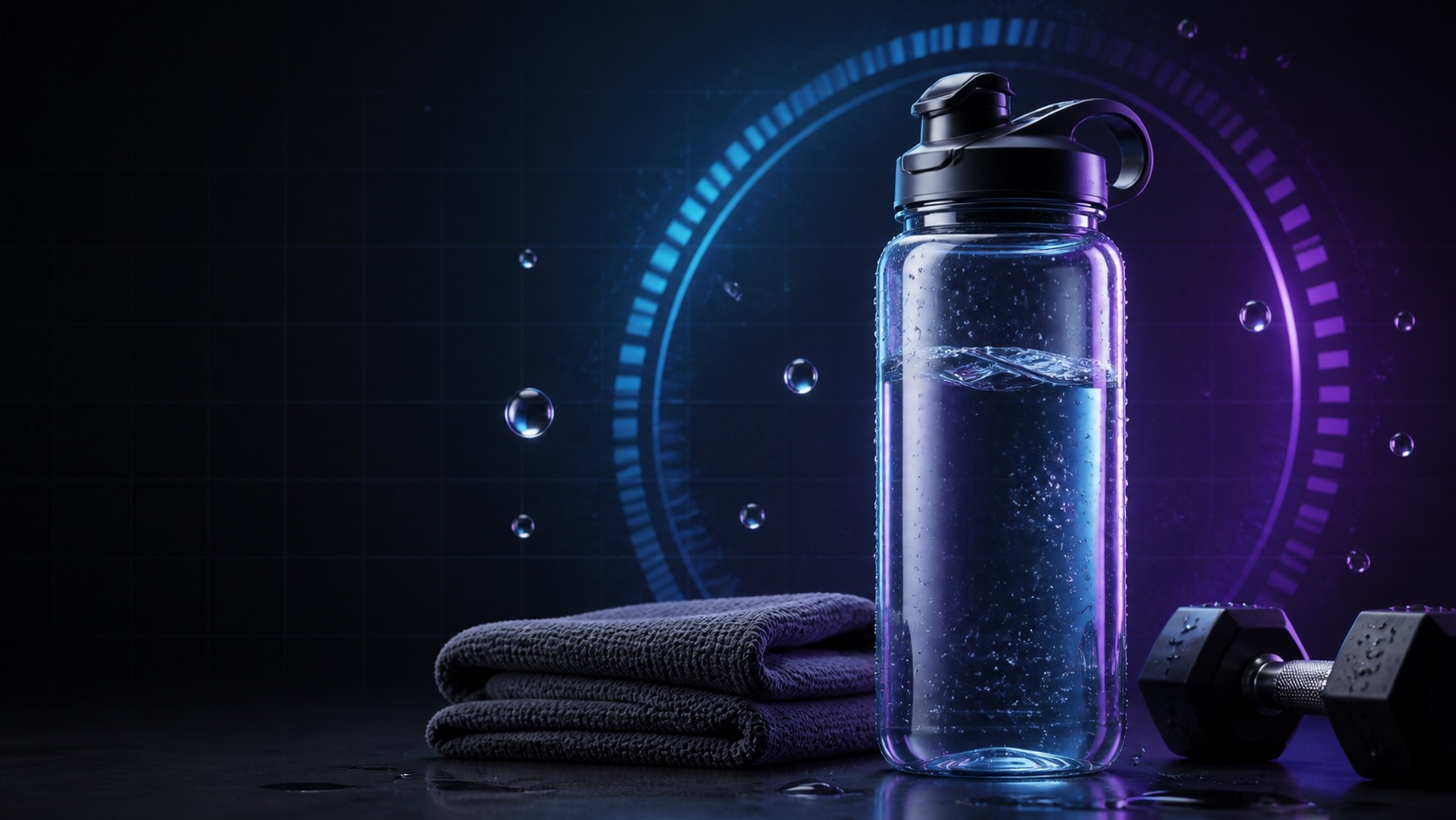 Water bottle, droplets, towel, and dumbbell representing workout hydration
