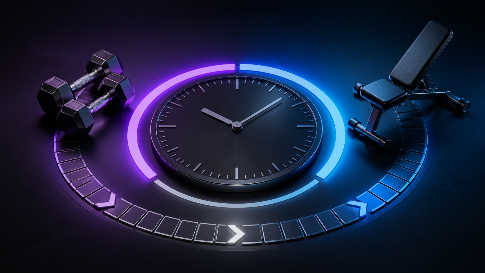 Clock, dumbbells, and training stations arranged as a workout timeline
